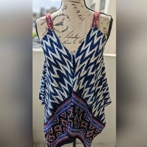 MIMI Handkerchief Style Blue & White Bohemian Tank Top Shirt Size Small